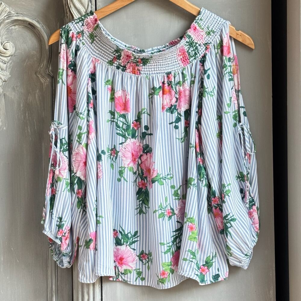 Floral & Striped Mixed Print Blouse 2X Plus Size Rayon Split Sleeve Boho Top